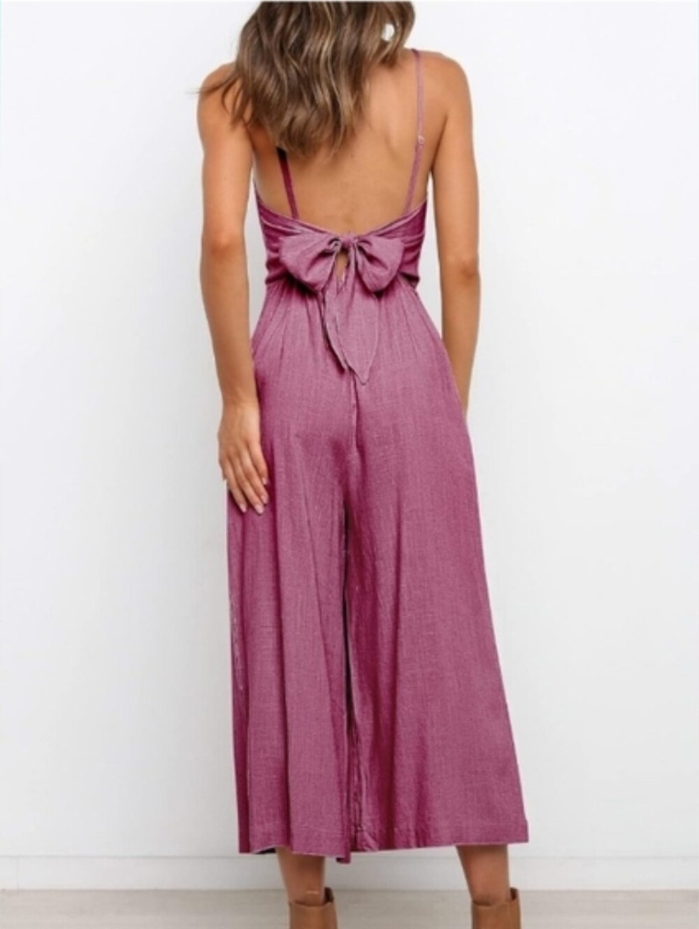 NWT-Anrabeas Women's Sphagetti Tie Back Sleeveless Wide Leg Pockets Jumpsuit. - Picture 4 of 4
